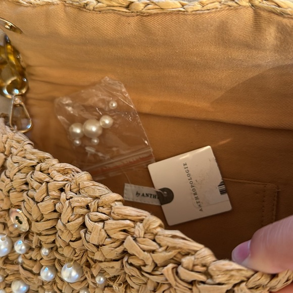 anthropologie pearl raffia bag with tortoise shell chain - Picture 3 of 4